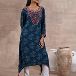Teal Floral Print Dhaage Collection Kurta With Embroidery