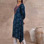 Side View of Teal Floral Print Dhaage Collection Kurta With Embroidery