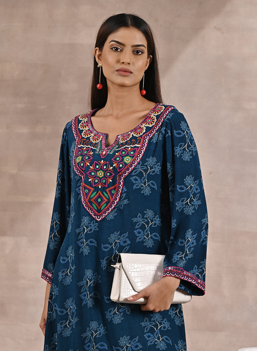 Front View of Teal Floral Print Dhaage Collection Kurta With Embroidery