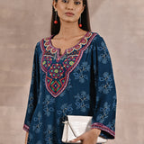Front View of Teal Floral Print Dhaage Collection Kurta With Embroidery