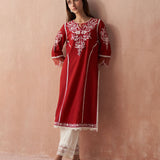 Red Alora Collection Kurta With Embroidery And Lace Detailing