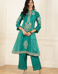 Teal Green Embroidered Chanderi Kurta Set with Gota Lace Detailing