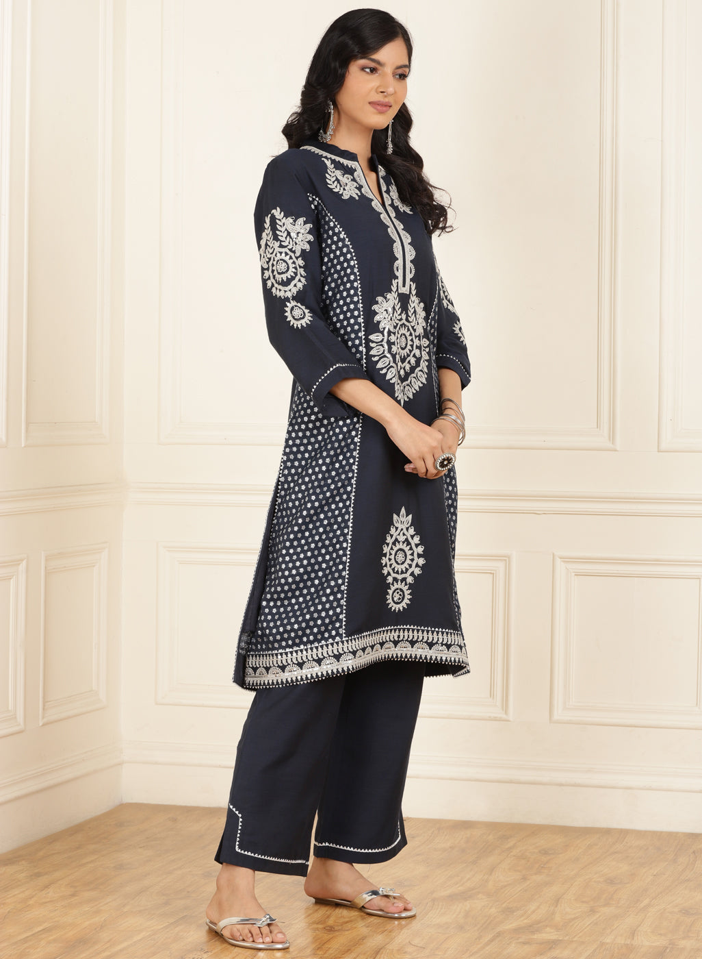 Navy Blue Embroidered Chanderi Kurta Set with Gota Lace Detailing