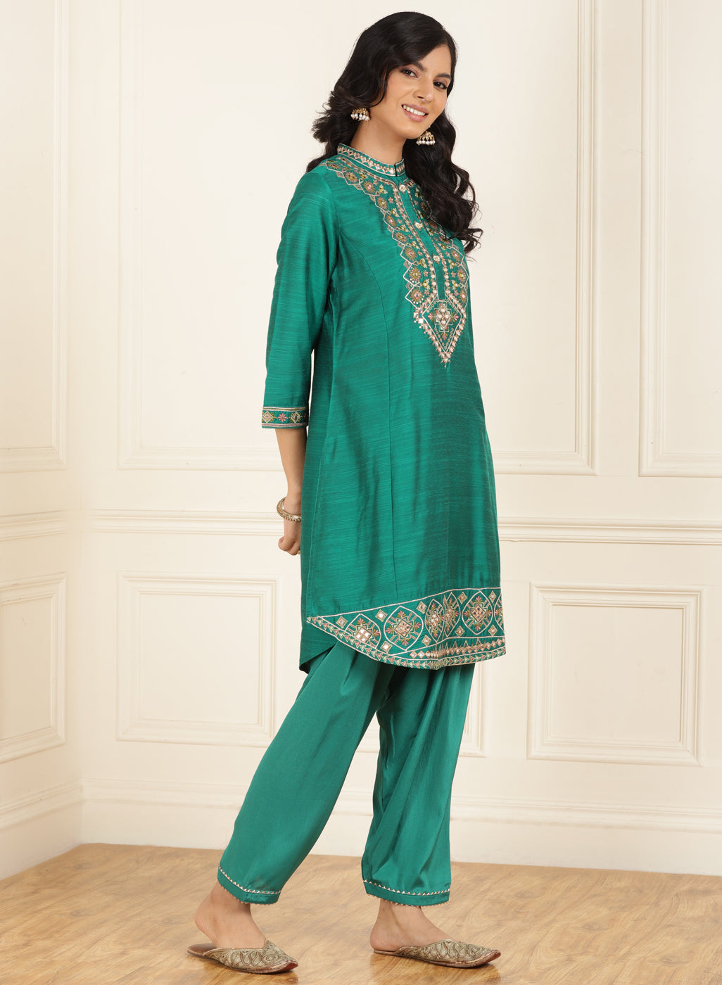 Teal Green Embroidered Party Wear Kurta Set with Mirror Work