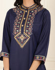 Navy Blue Embroidered Party Wear Kurta Set with Mirror Work
