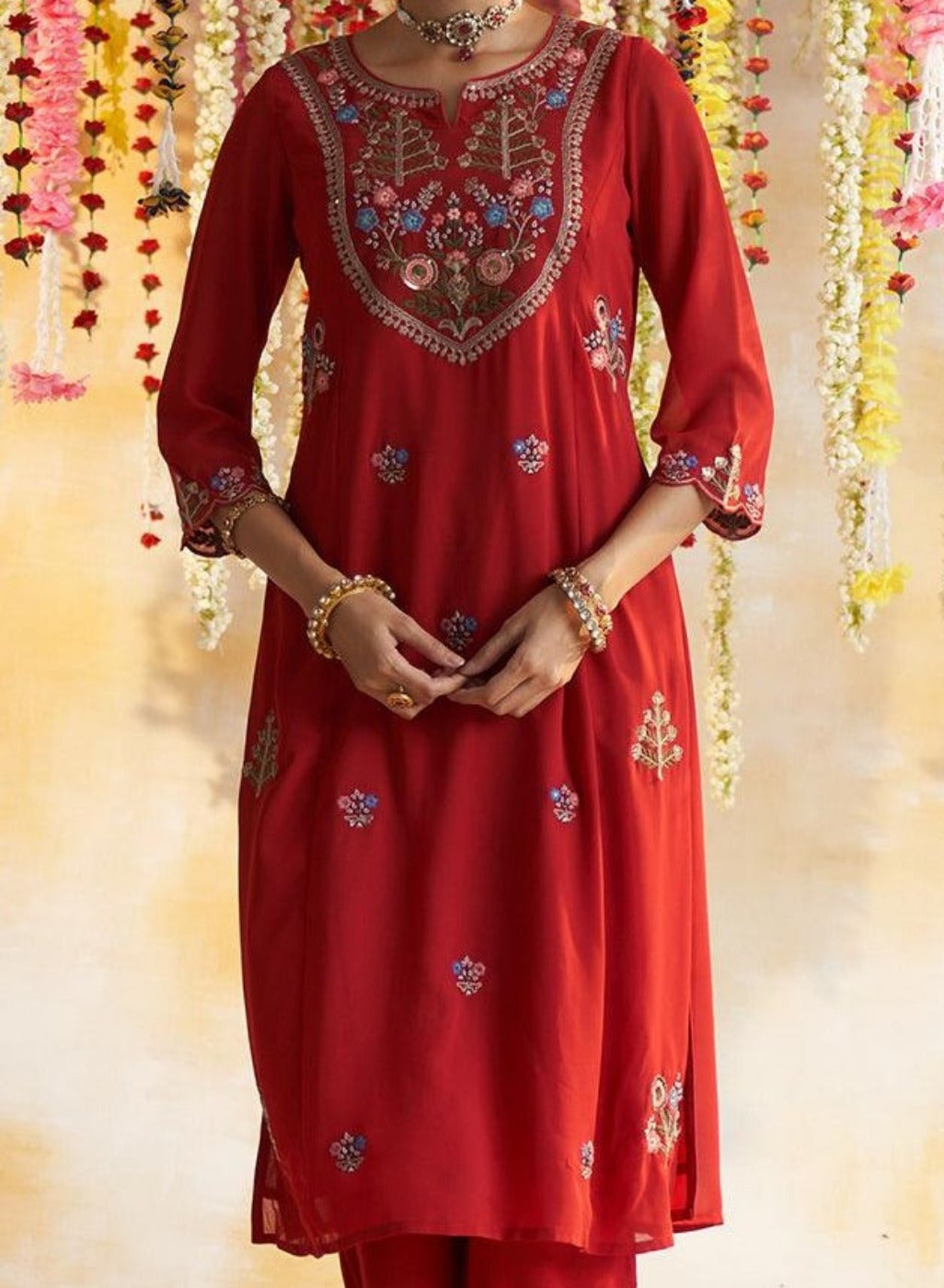 Red Kurta Set With Heavy Embroidery