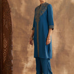 D.Teal Kurta Set With Intricate Embroidery & Front Slit - Lakshita