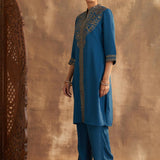 D.Teal Kurta Set With Intricate Embroidery & Front Slit - Lakshita