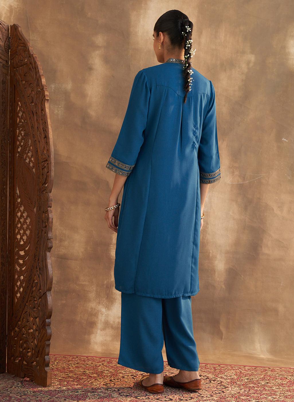 D.Teal Kurta Set With Intricate Embroidery & Front Slit - Lakshita