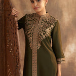 Olive Kurta Set With Intricate Embroidery & Front Slit - Lakshita