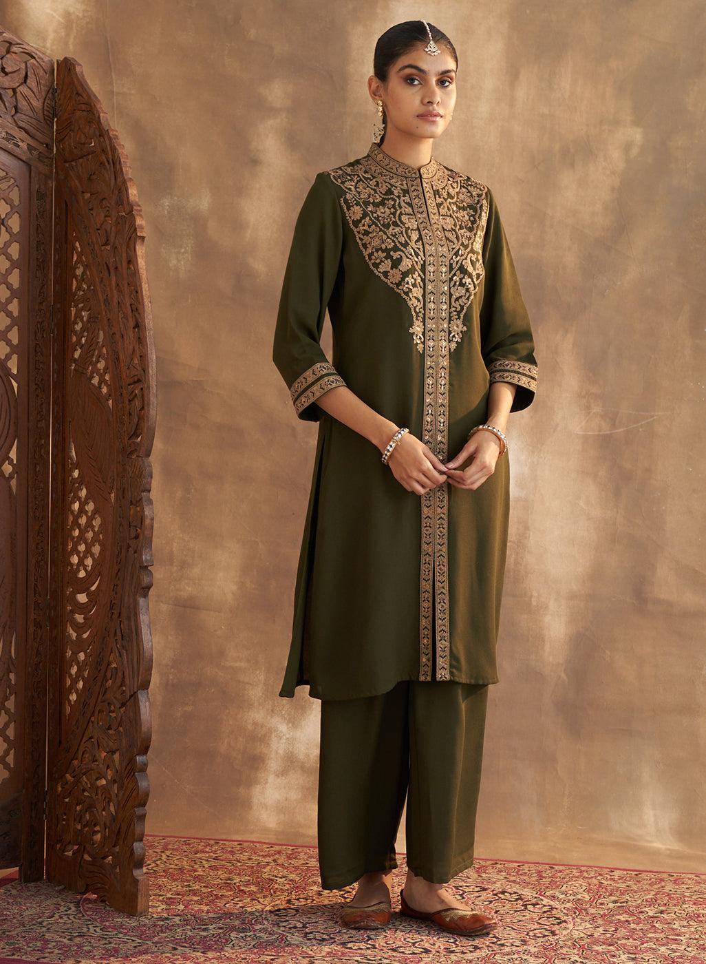 Olive Kurta Set With Intricate Embroidery & Front Slit - Lakshita
