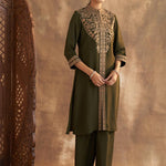 Olive Kurta Set With Intricate Embroidery & Front Slit - Lakshita