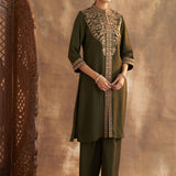 Olive Kurta Set With Intricate Embroidery & Front Slit - Lakshita