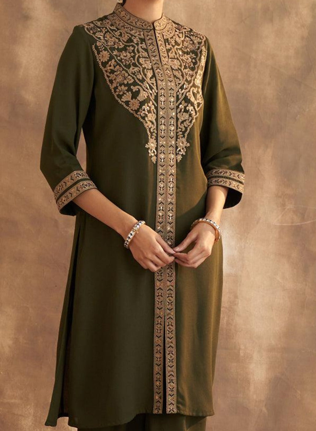 Olive Kurta Set With Intricate Embroidery &amp; Front Slit