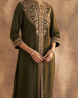 Olive Kurta Set With Intricate Embroidery & Front Slit