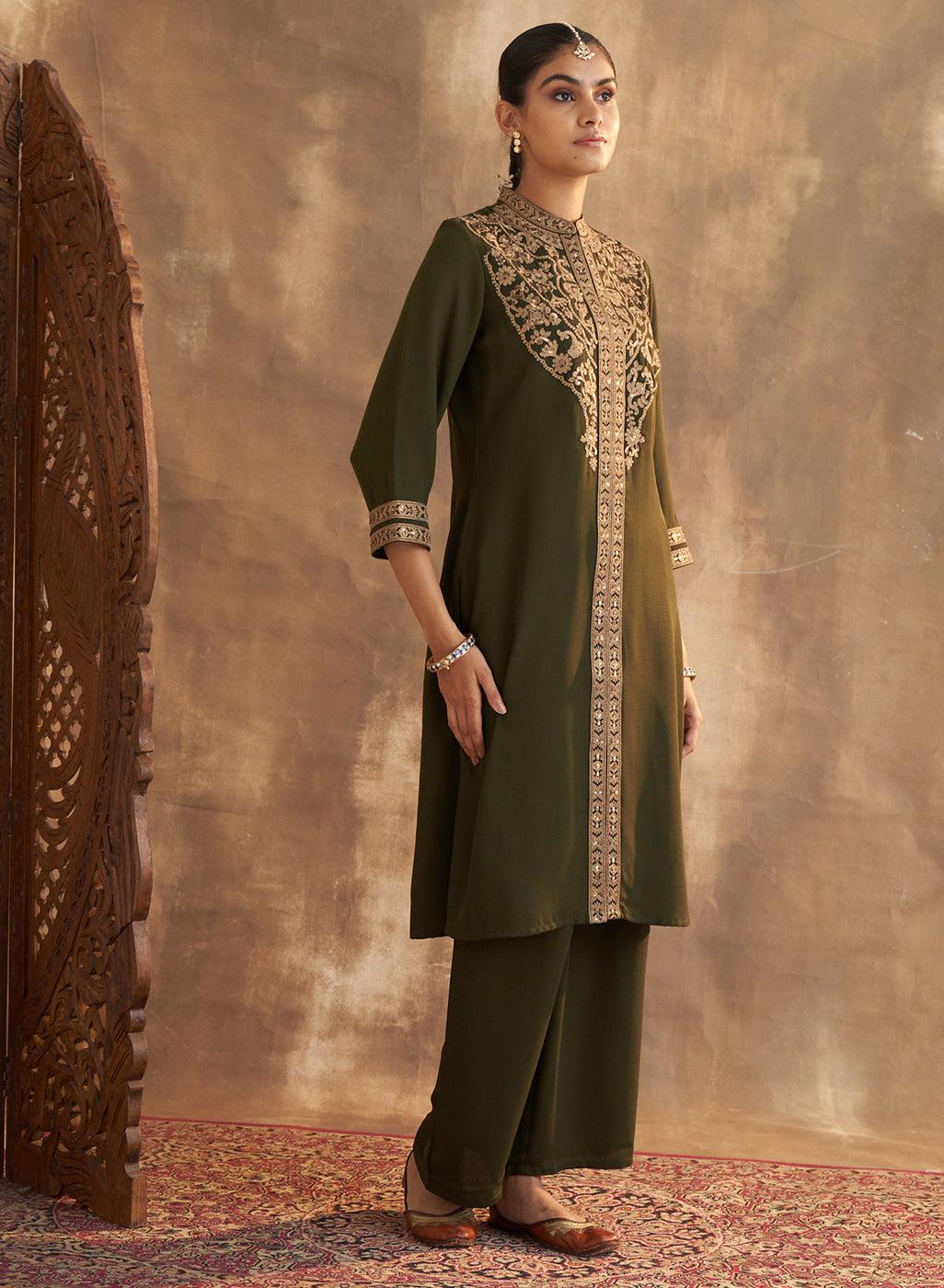 Olive Kurta Set With Intricate Embroidery & Front Slit - Lakshita
