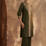 Olive Kurta Set With Intricate Embroidery & Front Slit - Lakshita