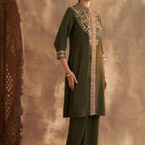 Olive Kurta Set With Intricate Embroidery & Front Slit - Lakshita