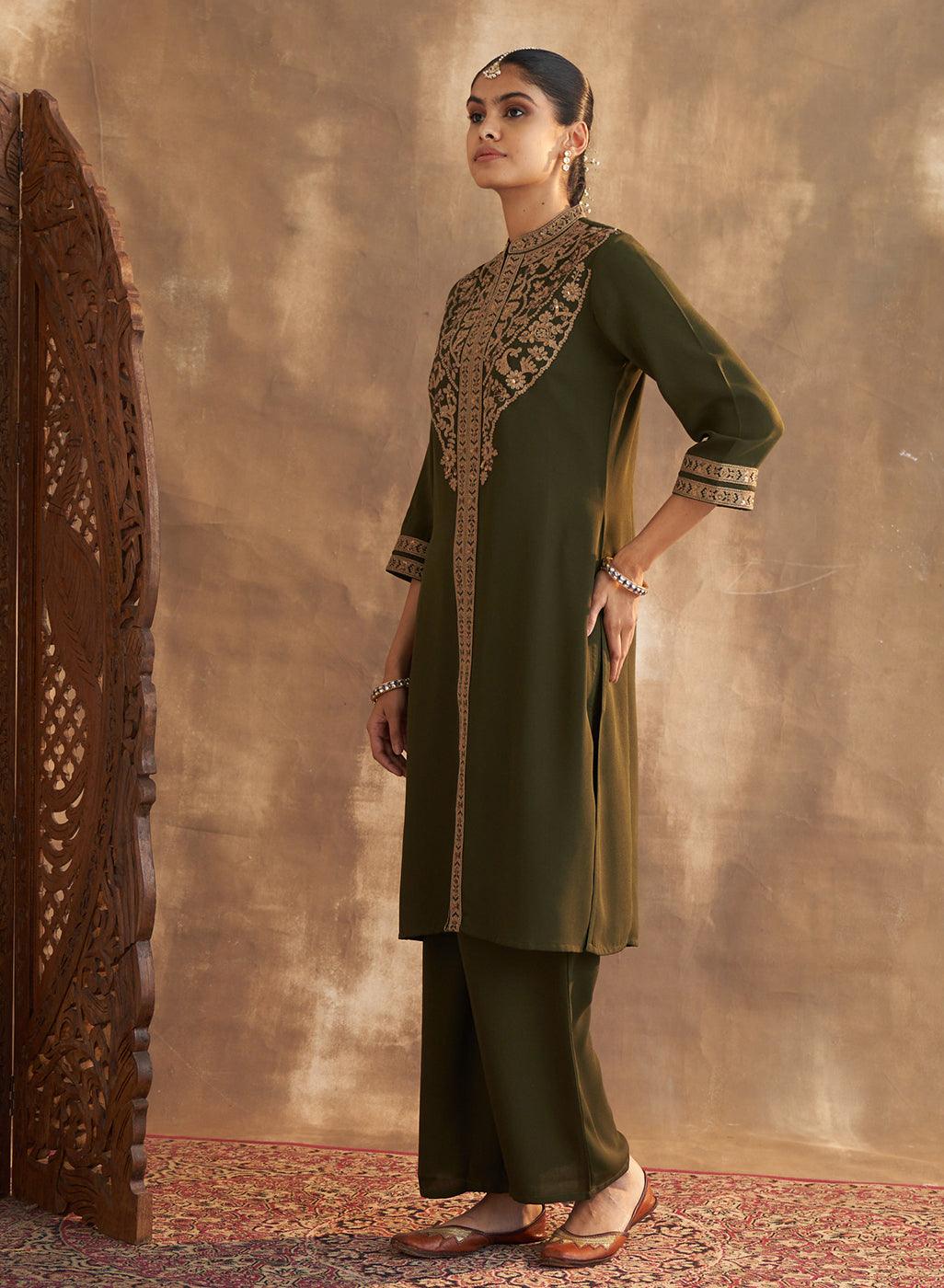 Olive Kurta Set With Intricate Embroidery & Front Slit - Lakshita