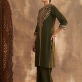 Olive Kurta Set With Intricate Embroidery & Front Slit - Lakshita