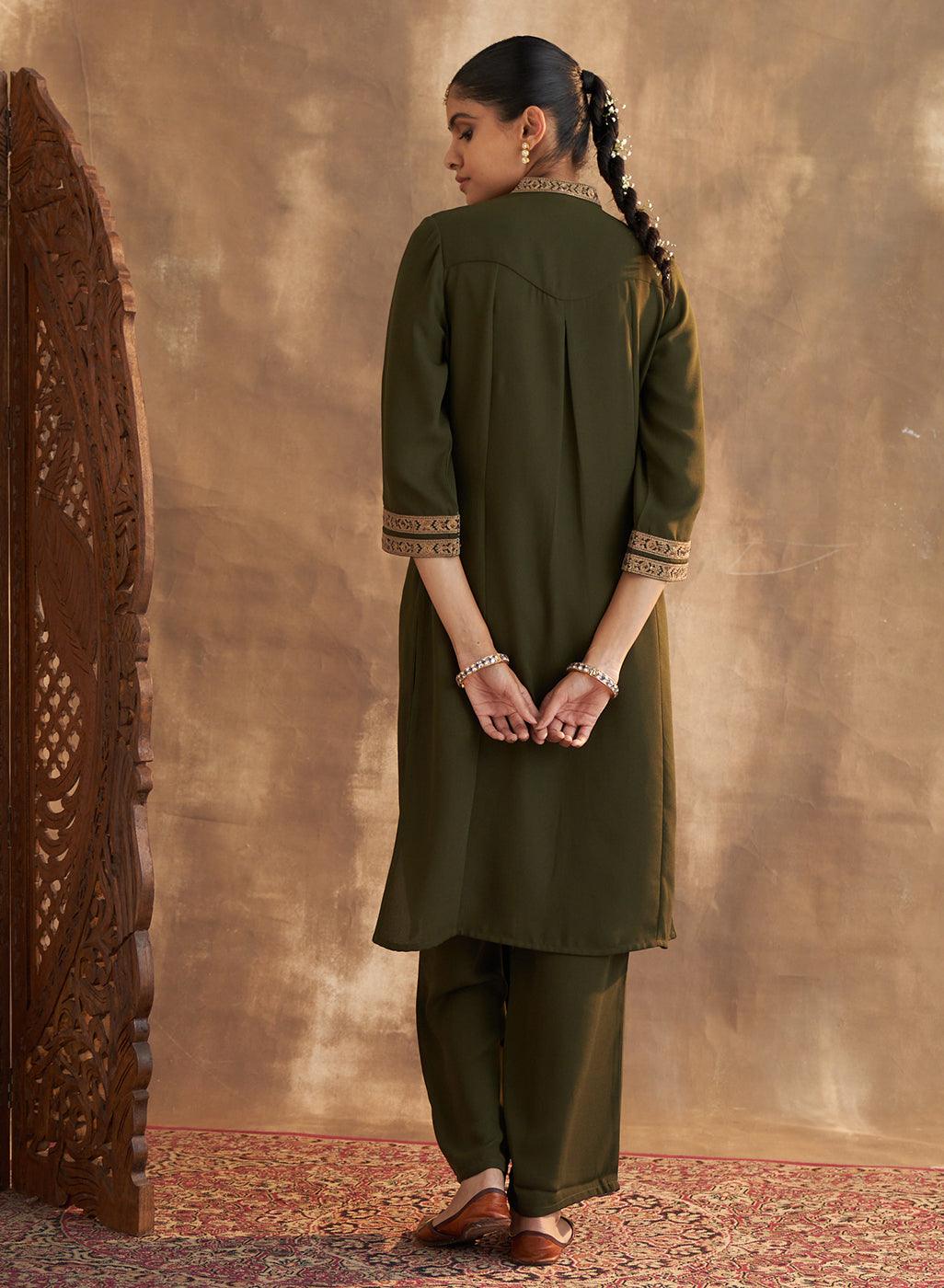 Olive Kurta Set With Intricate Embroidery & Front Slit - Lakshita