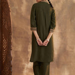 Olive Kurta Set With Intricate Embroidery & Front Slit - Lakshita