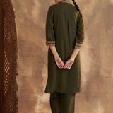 Olive Kurta Set With Intricate Embroidery & Front Slit - Lakshita