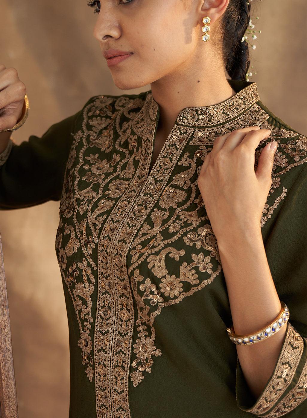 Olive Kurta Set With Intricate Embroidery & Front Slit - Lakshita