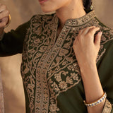 Olive Kurta Set With Intricate Embroidery & Front Slit - Lakshita