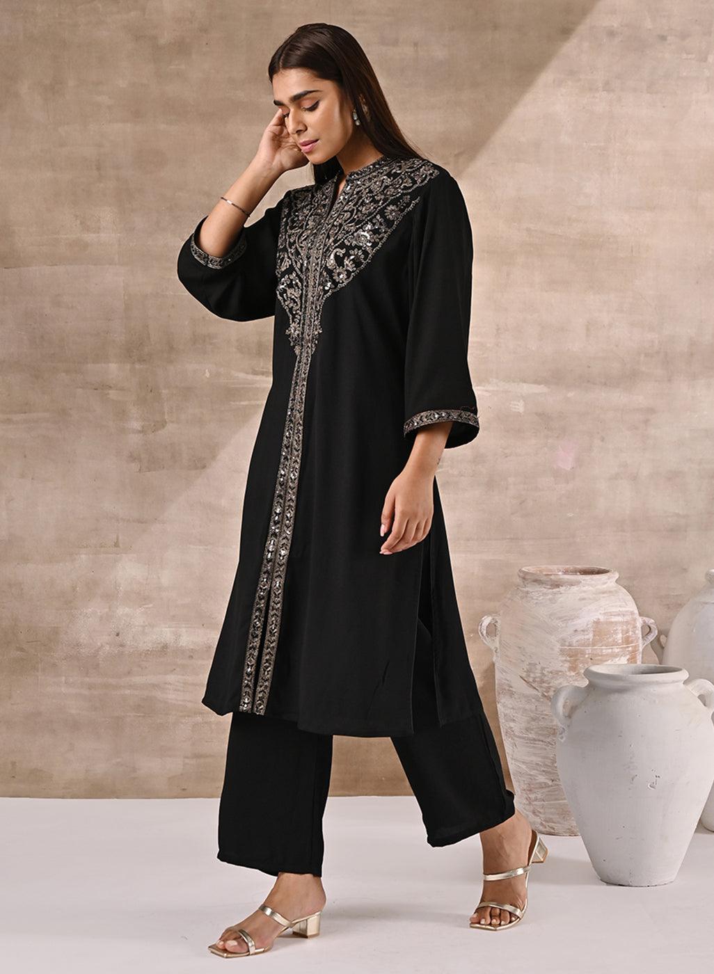 Black Kurta Set With Intricate Embroidery & Front Slit - Lakshita