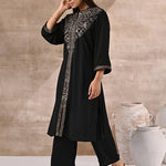 Black Kurta Set With Intricate Embroidery & Front Slit - Lakshita