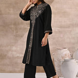 Black Kurta Set With Intricate Embroidery & Front Slit - Lakshita