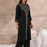Black Kurta Set With Intricate Embroidery & Front Slit - Lakshita