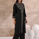 Black Kurta Set With Intricate Embroidery & Front Slit - Lakshita