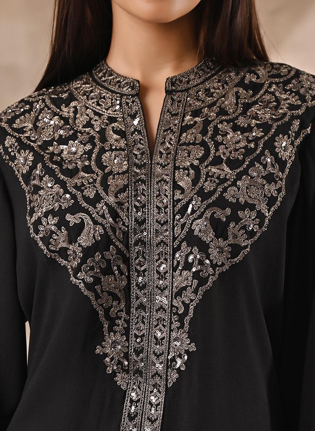 Black Kurta Set With Intricate Embroidery & Front Slit - Lakshita