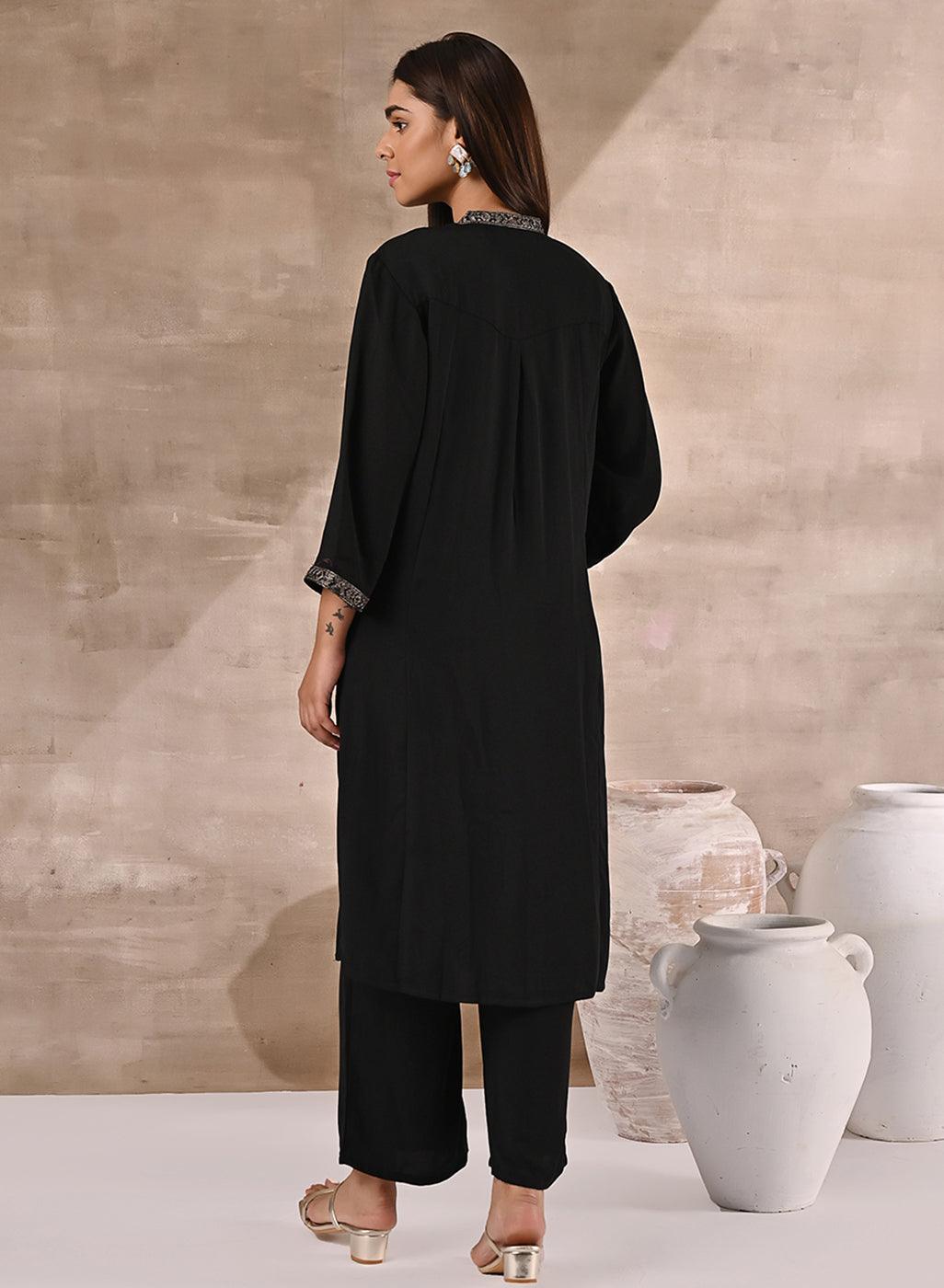 Black Kurta Set With Intricate Embroidery & Front Slit - Lakshita