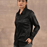 Black Aztec Printed Satin Shirt with Gathered Sleeves - Lakshita