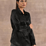 Black Aztec Printed Satin Shirt with Gathered Sleeves - Lakshita