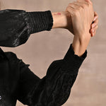Black Aztec Printed Satin Shirt with Gathered Sleeves - Lakshita