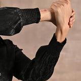 Black Aztec Printed Satin Shirt with Gathered Sleeves - Lakshita