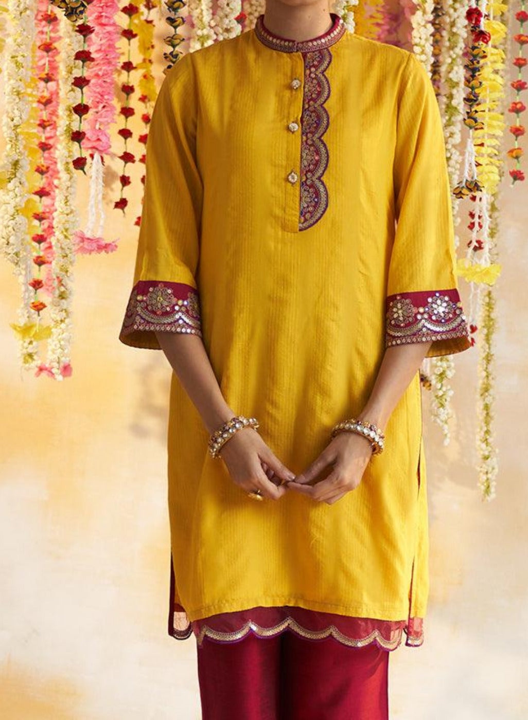 Sunset Yellow Solid Kurta Set With Embroidery