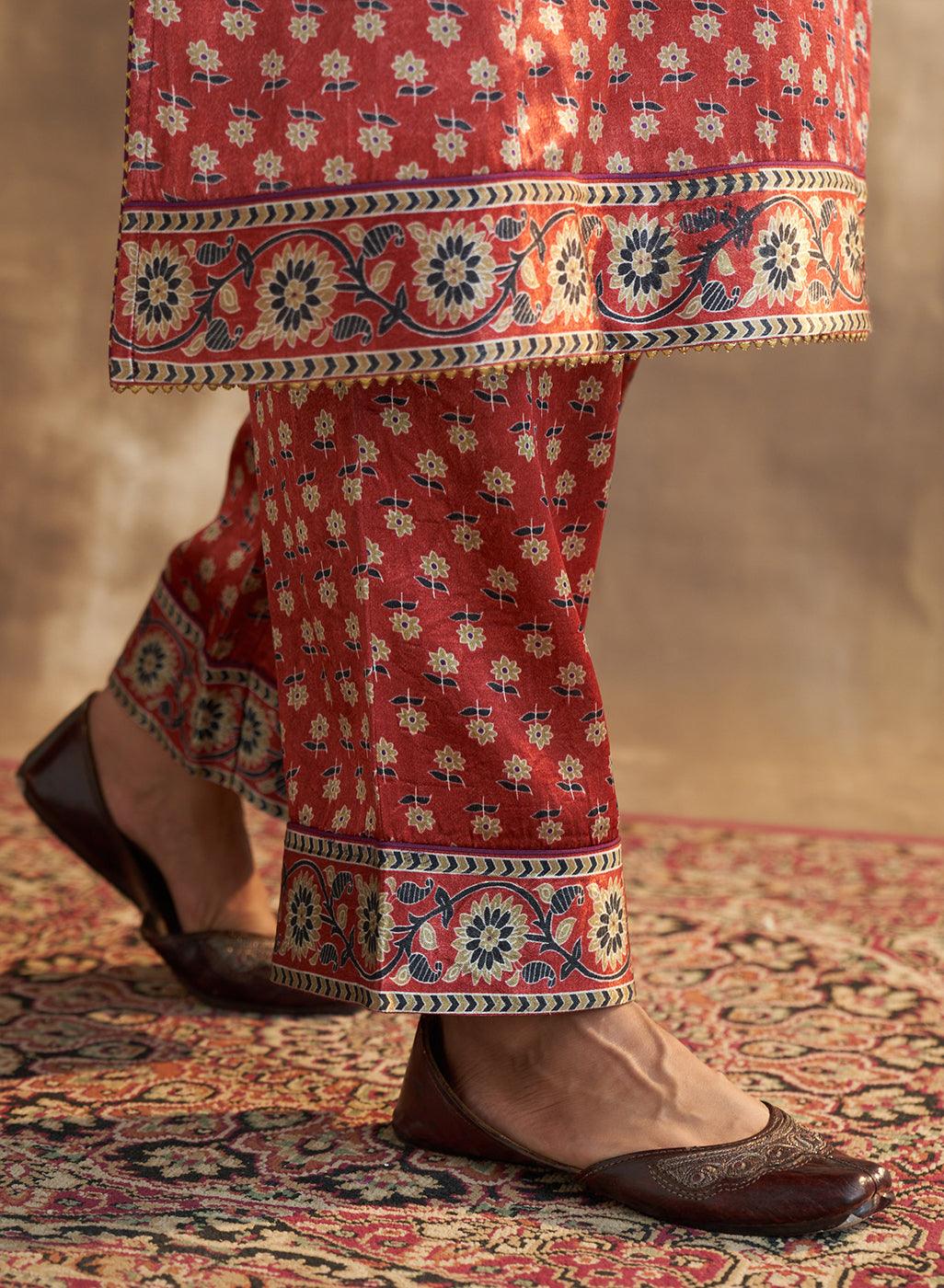 Wine Printed Kurta Set With Delicate Embroidery - Lakshita