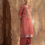 Wine Printed Kurta Set With Delicate Embroidery - Lakshita