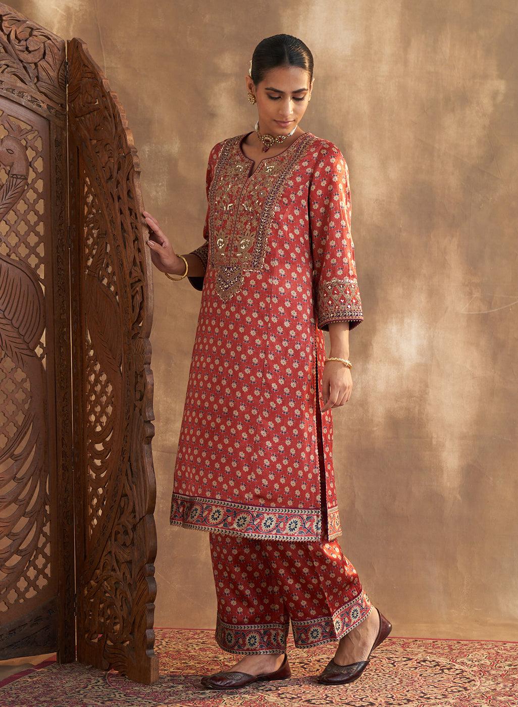 Wine Printed Kurta Set With Delicate Embroidery - Lakshita