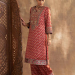 Wine Printed Kurta Set With Delicate Embroidery - Lakshita
