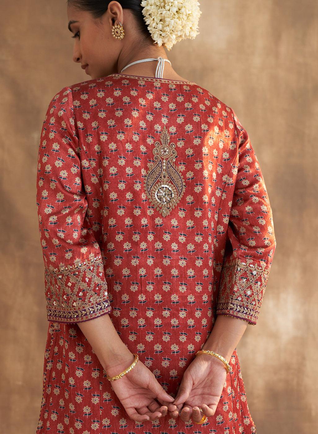 Wine Printed Kurta Set With Delicate Embroidery - Lakshita