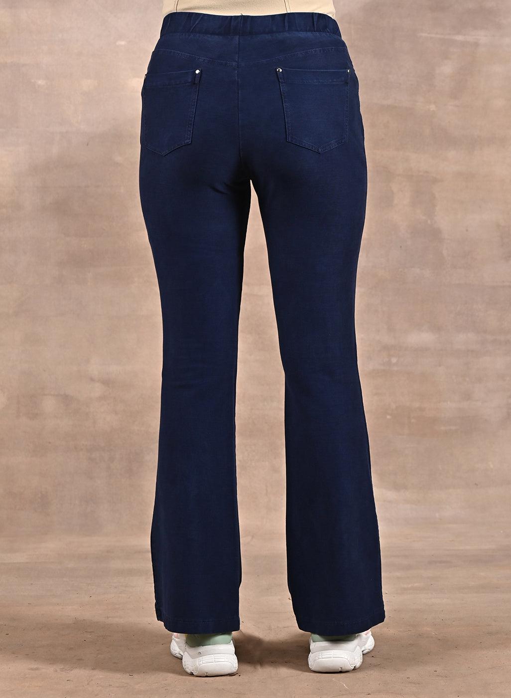 Navy Blue Flared Fit Denim Washed Pant - Lakshita