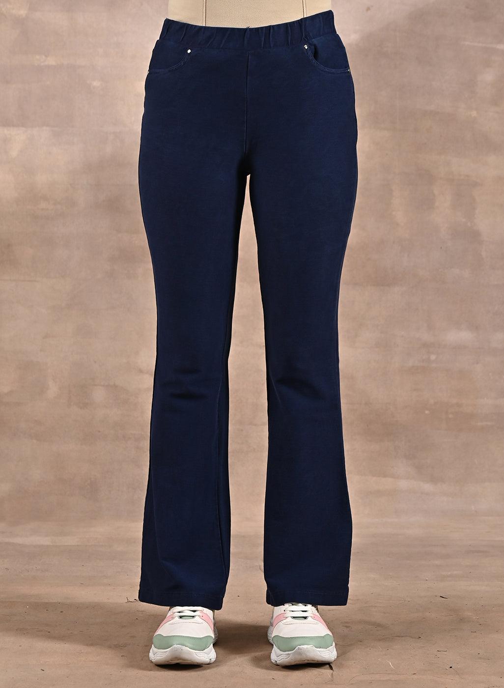 Navy Blue Flared Fit Denim Washed Pant - Lakshita