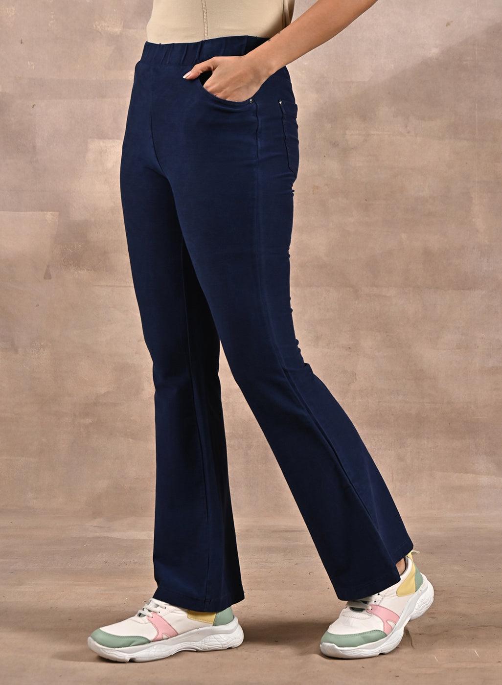 Navy Blue Flared Fit Denim Washed Pant - Lakshita