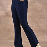 Navy Blue Flared Fit Denim Washed Pant - Lakshita